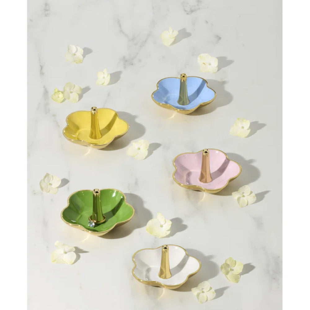 Kate Spade Make It Pop Metal Ring Dishes in colors: yellow,blue,pink,green & white on a white backround.
