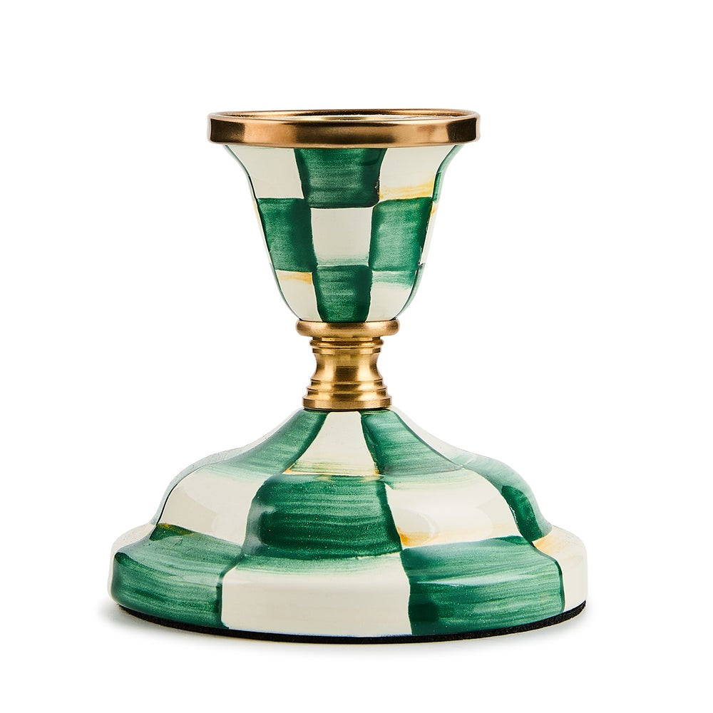 Decorative candle holder with green and white checkered pattern and gold accents on a white background
