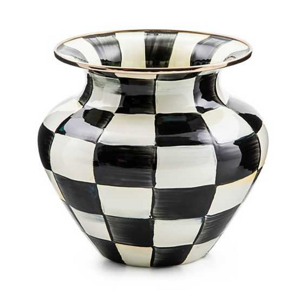 A large hand-painted, black and white checkered enamel vase with a brass bronze stainless steel rim.