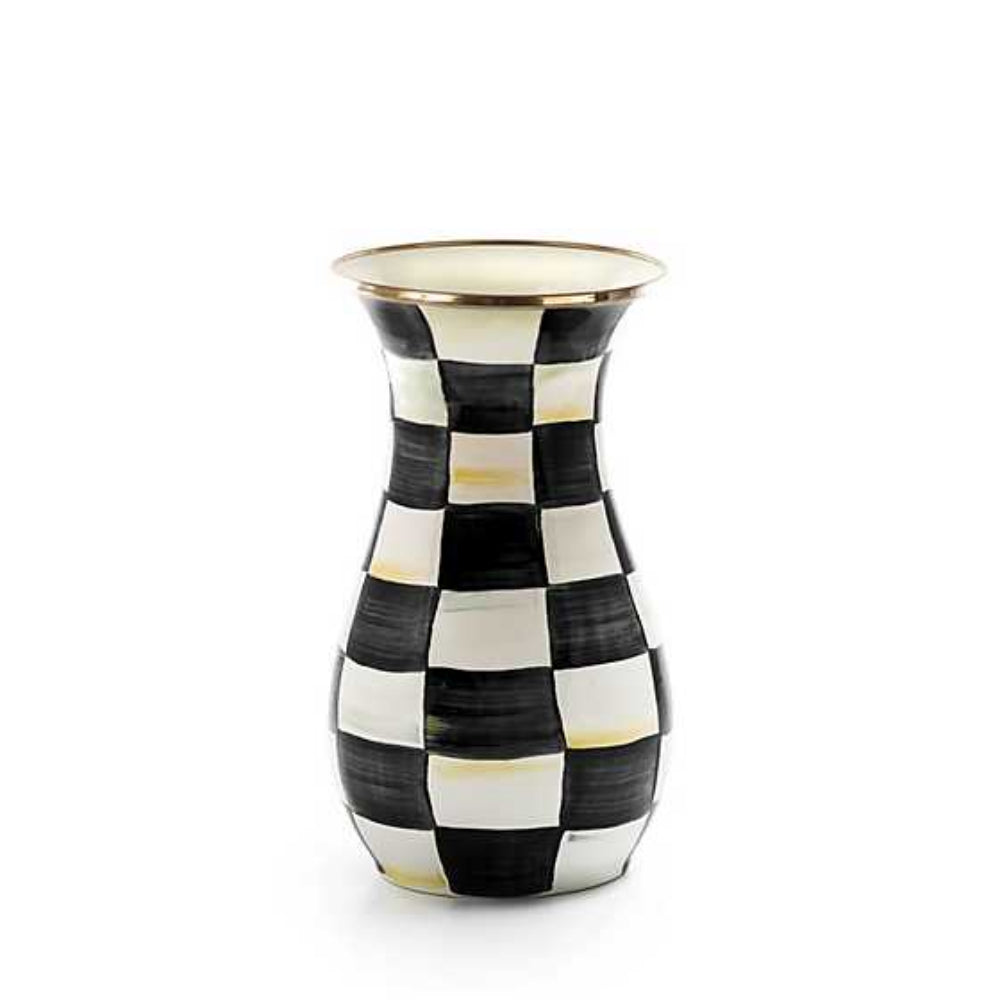 A Tall hand-painted, black and white checkered enamel vase with a brass bronze stainless steel rim.
