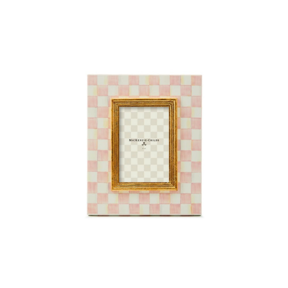 Hand-painted Rosy Check pattern picture frame with a brass logo plate, backed with linen, and an easel back included.