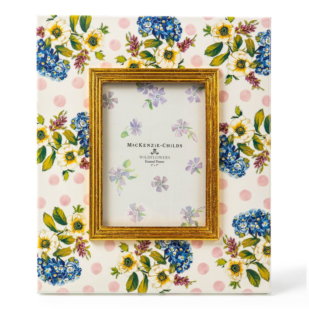 Floral-patterned picture frame with 'MacKenzie-Childs' branding on a white background