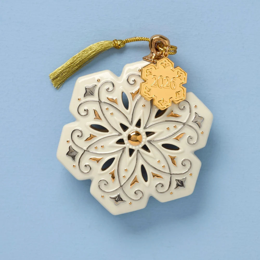Decorative snowflake ornament with gold accents and '2026' on a light blue background