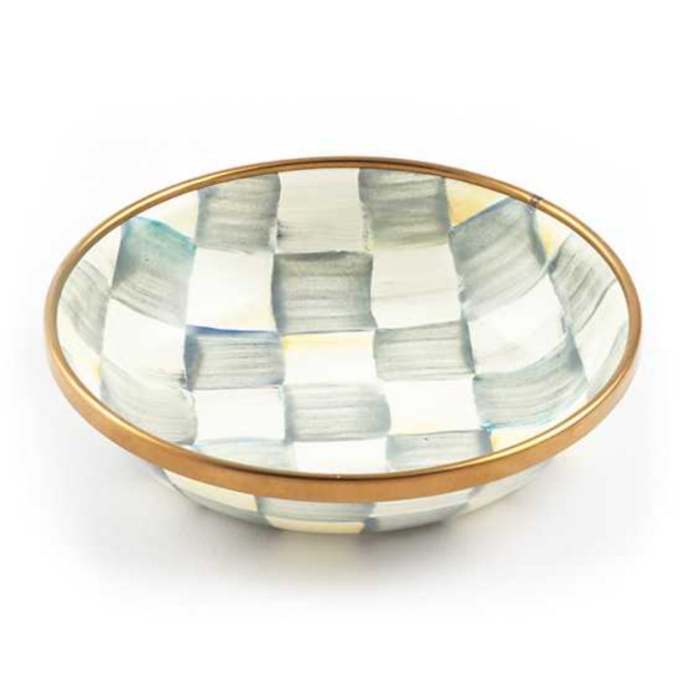 Decorative bowl with gold rim and sterling grey patterned design on a white background