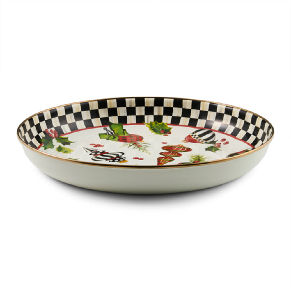A ceramic serving platter with a black and white checkered rim, decorated with colorful botanical and floral motifs on a white background.