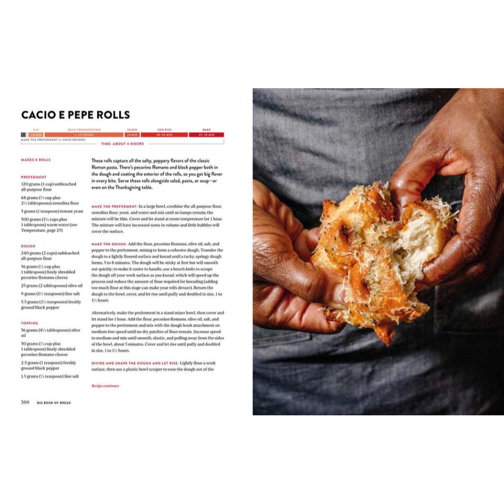 Close-up of hands holding a cacio e pepe roll with recipe text on the side.