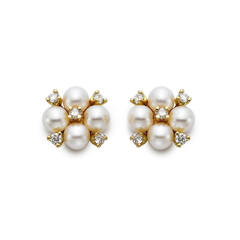 A pair of gold flower-shaped stud earrings featuring white freshwater pearls and small clear round-cut stones, set against a plain white background.