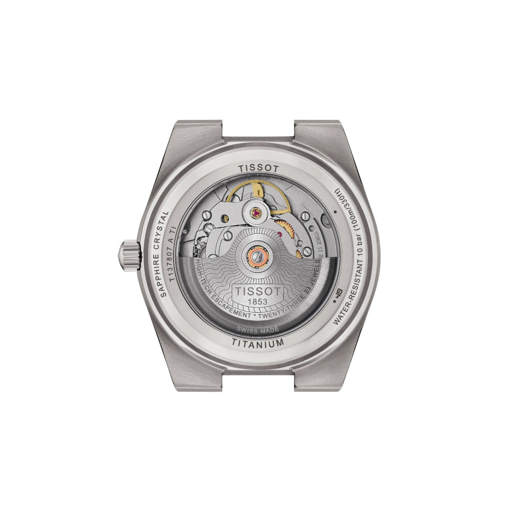Tissot watch face with mechanical components on a white background