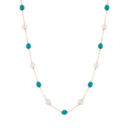14k Gold Freshwater Pearl and Turquoise Necklace