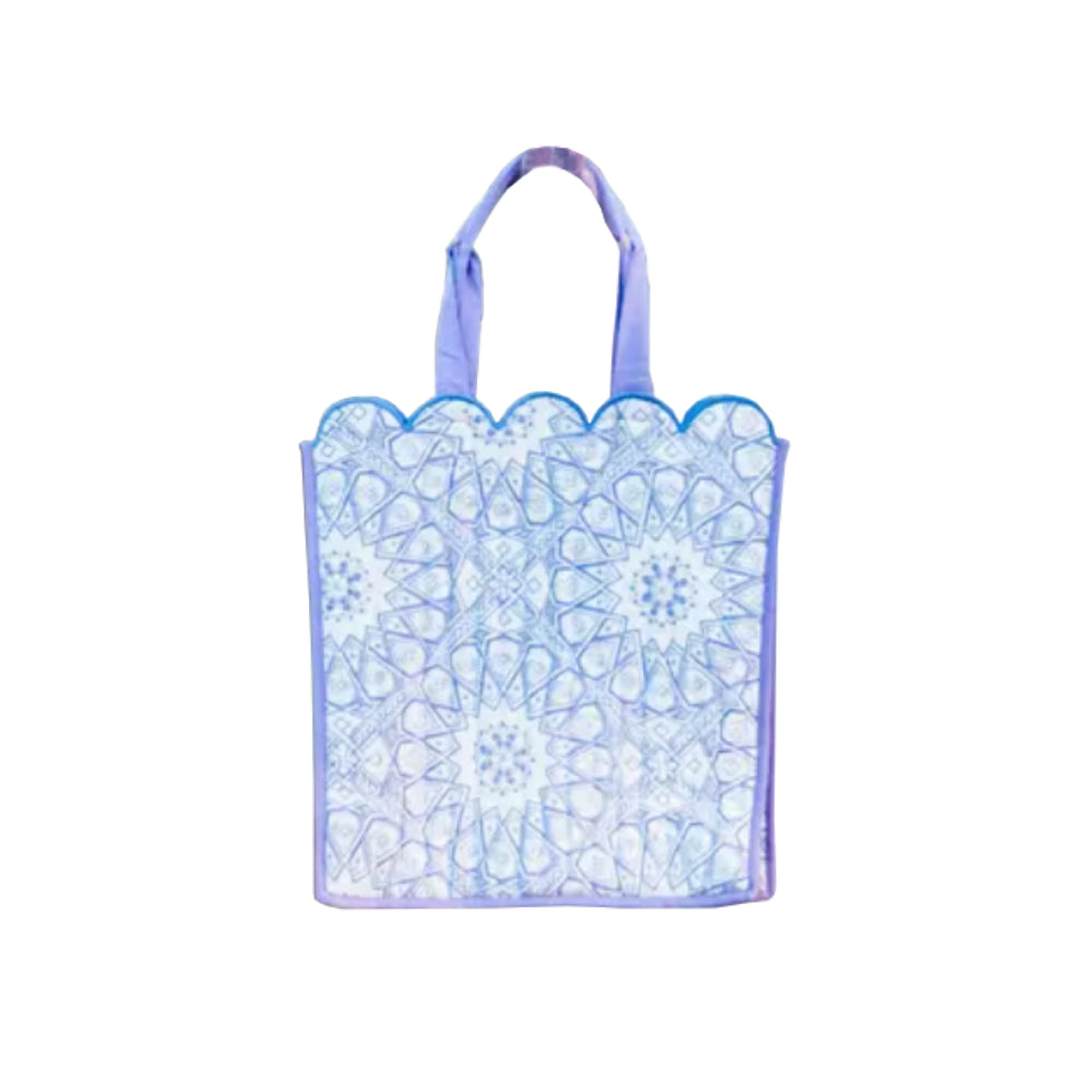 Blue floral-patterned tote bag on a white background