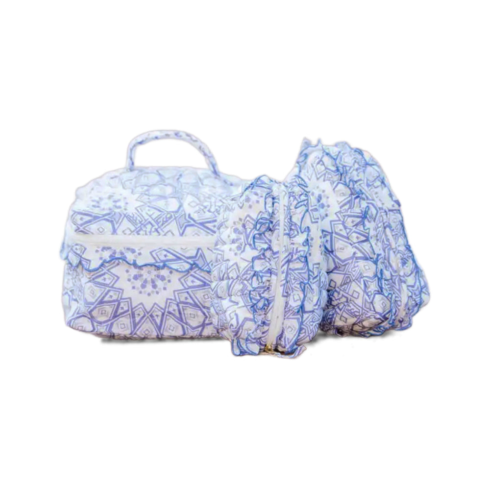 Set of 3 blue and white colored quilted cosmetic bags on a white background