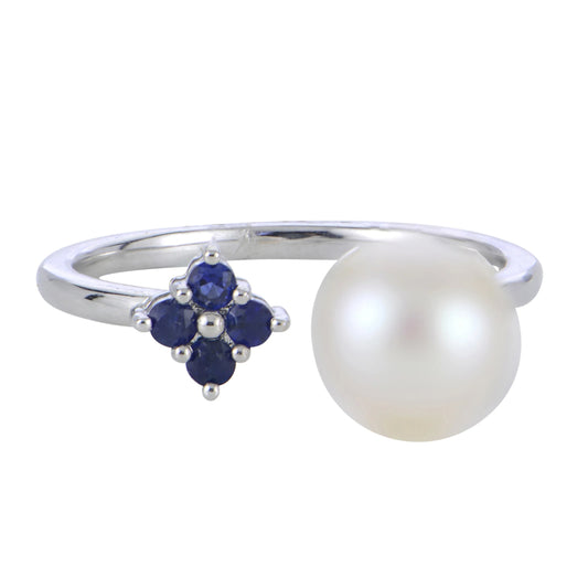 14k White Gold Freshwater Pearl & Sapphire Ring