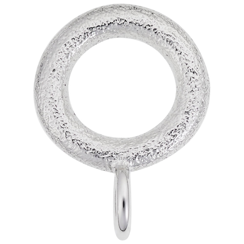 Side view of a Silver charmdrop with a textured finish on a white background