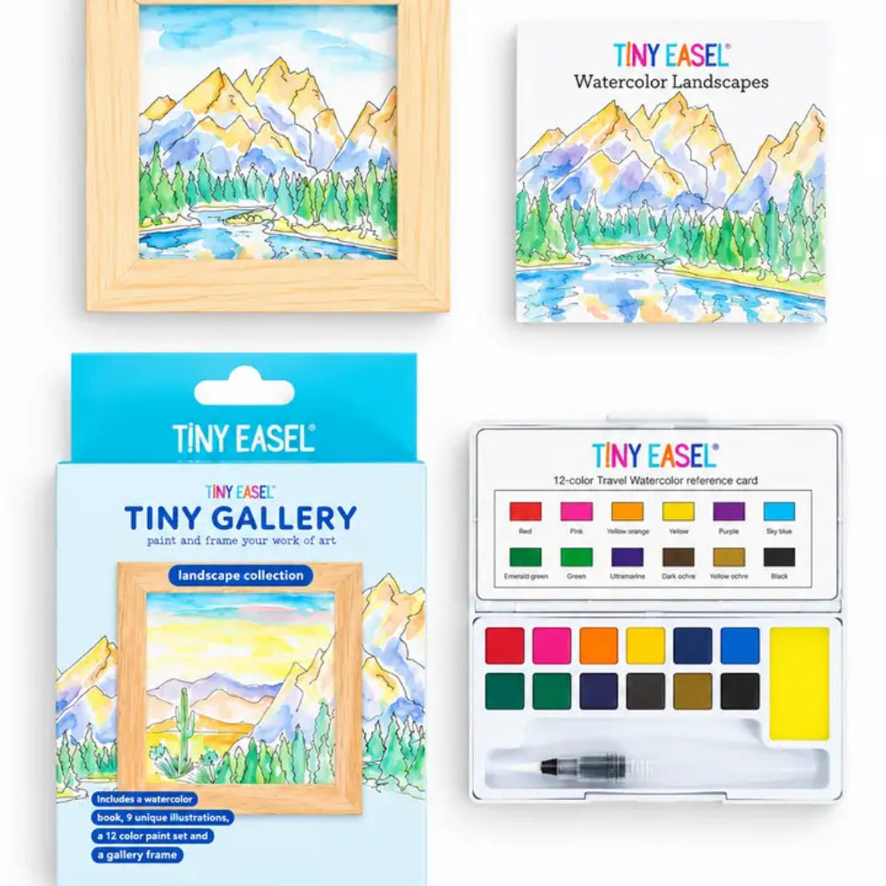 A display of a tiny gallery landscap collection art kit on a white background. 
