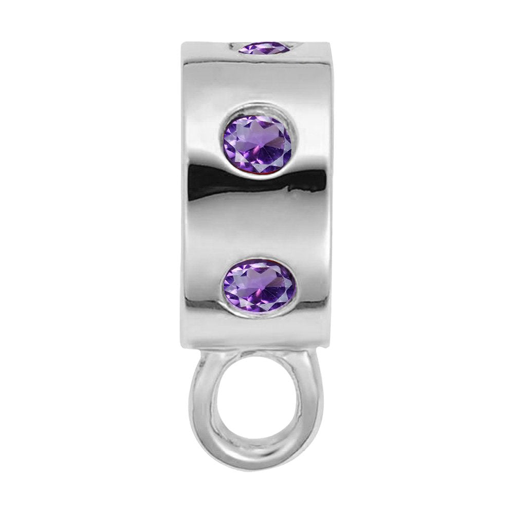Silver charmdrop with purple stones on a white background