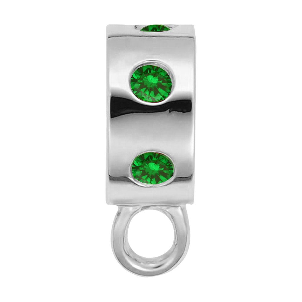 Silver charmdrop with green stones on a white background