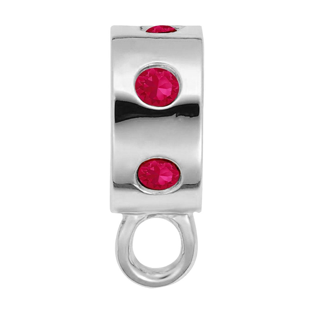 Silver charmdrop with red stones on a white background