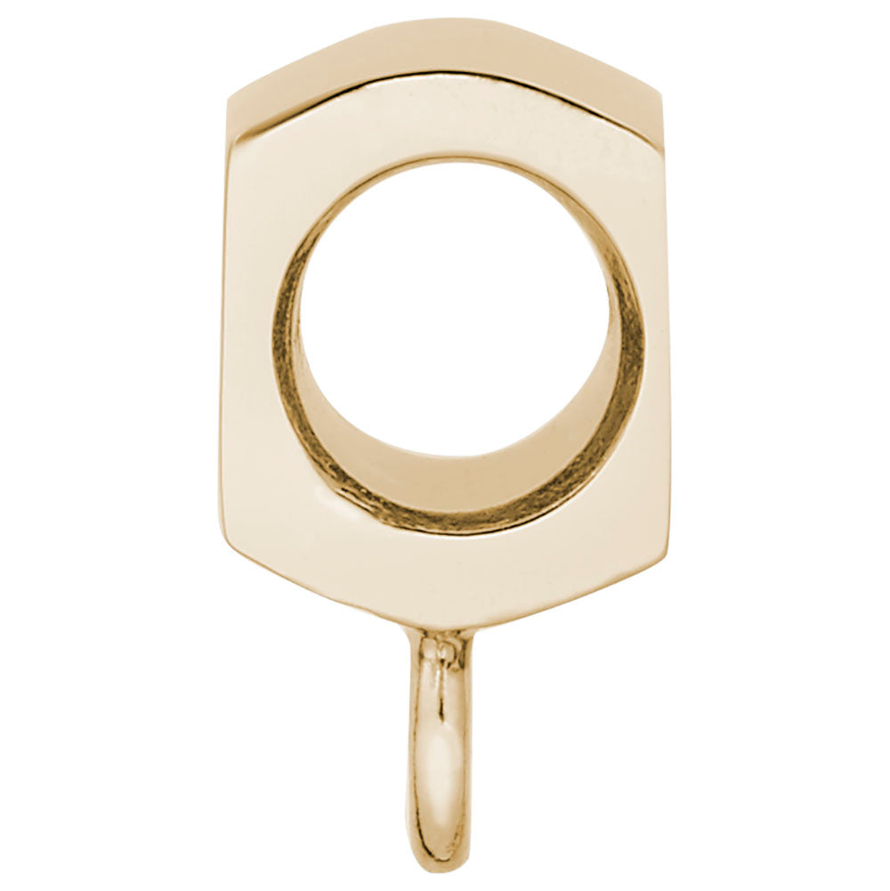 Side view of a gold flat front charm on a white background