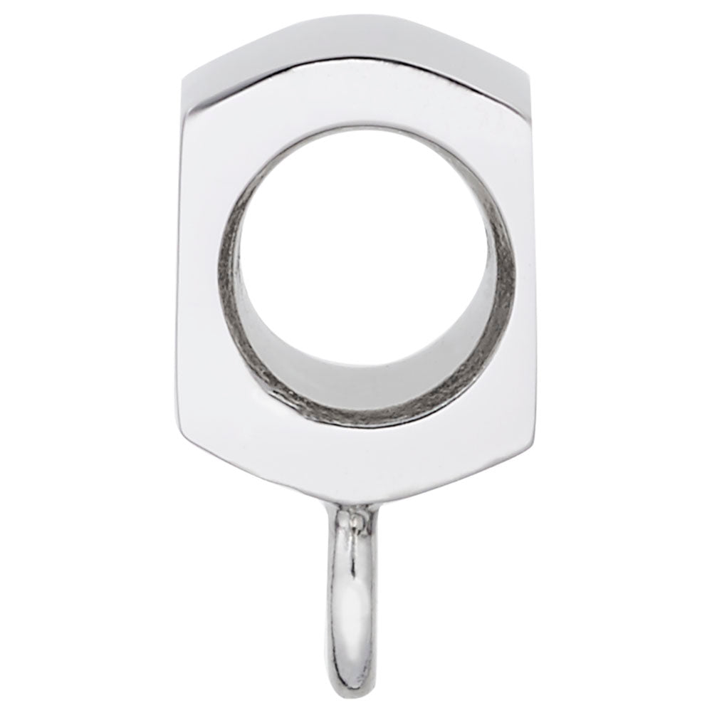 Side view of a silver flat front charm on a white background