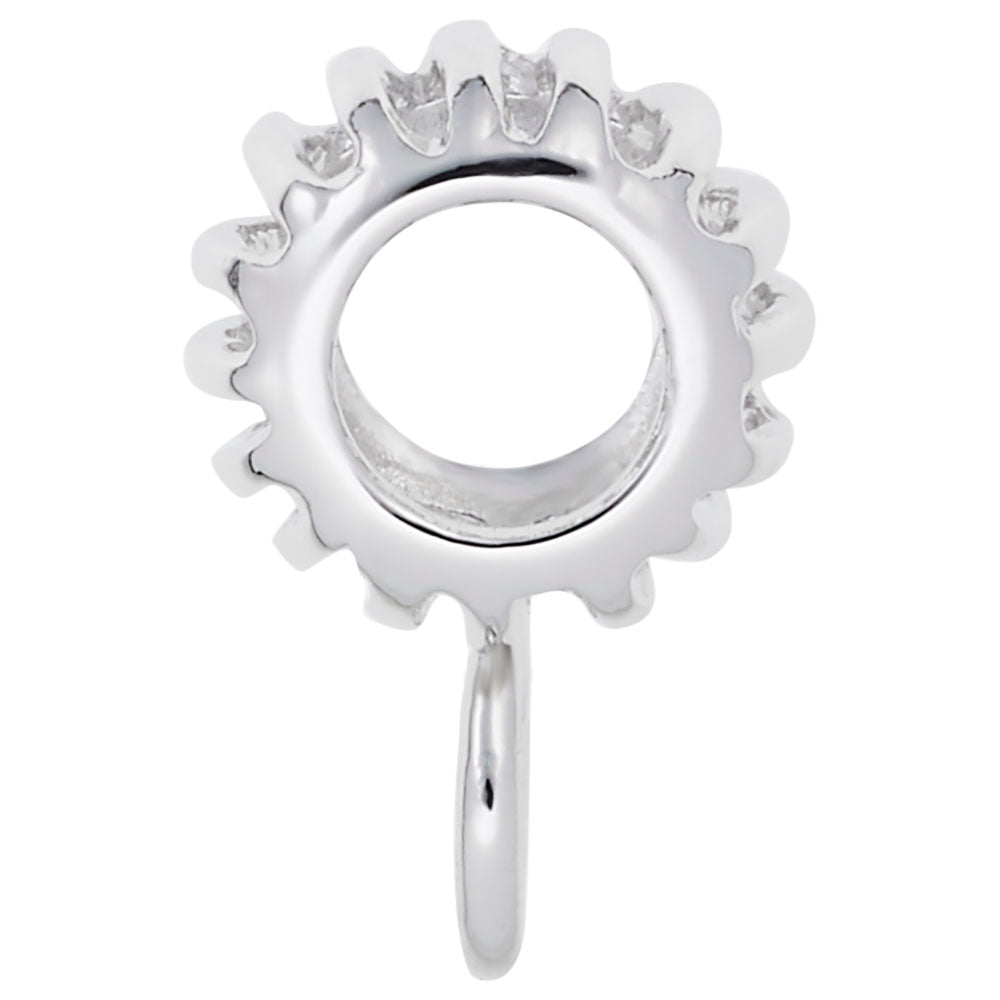 Side view of a Silver treaded charmdrop on a white background