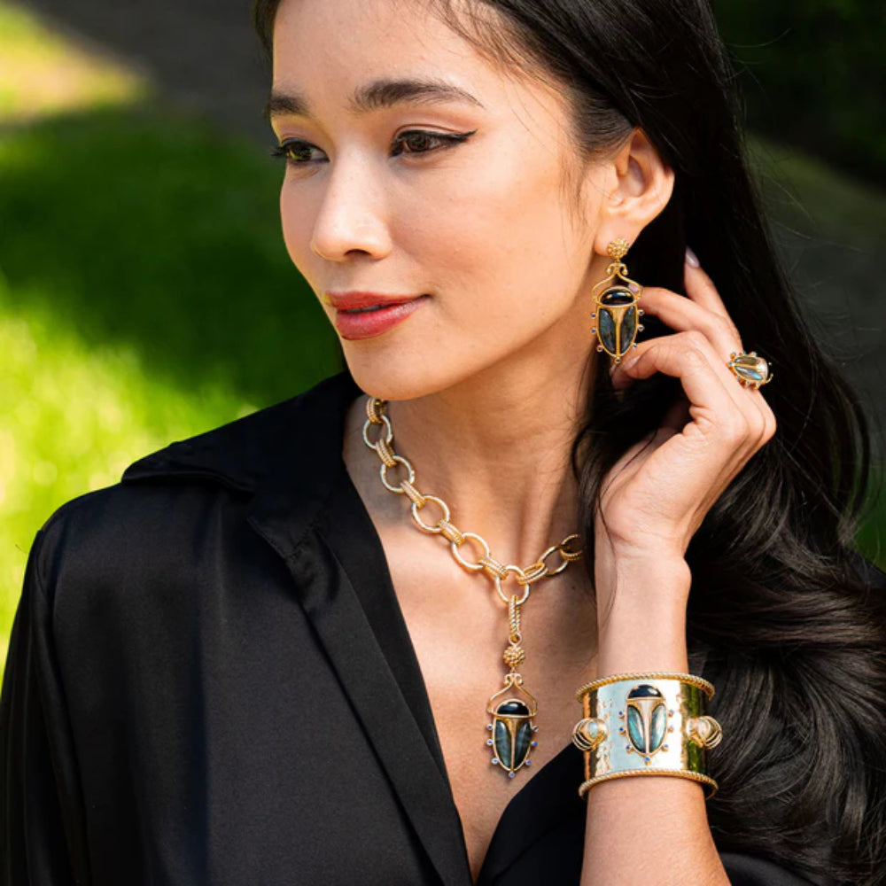 Capucine de Wulf Scarab Berry Drop Earrings - Black Agate & Blue Labradorite