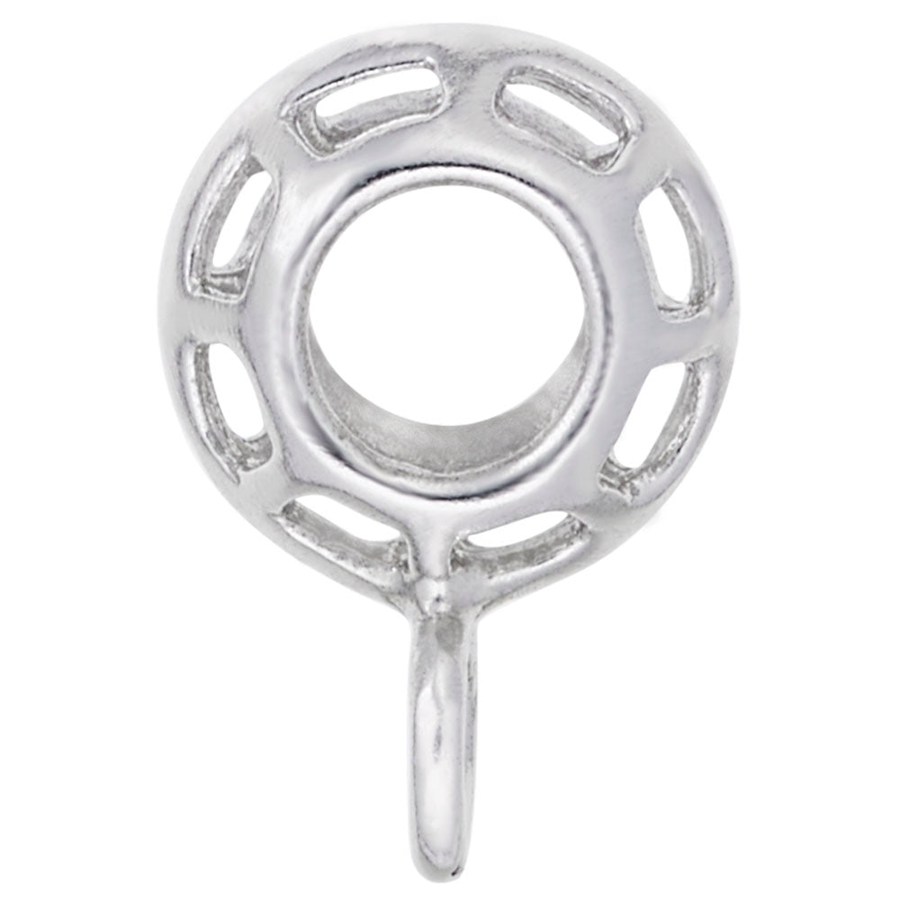 side view of a Silver angled cage charmdrop on a white background