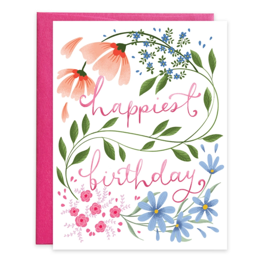 Birthday greeting card with floral design saying happiest birthday. 
