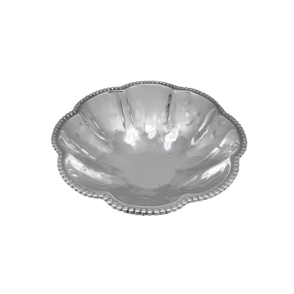 A silver-colored metal bowl with a scalloped, beaded edge and a hammered texture inside, shown on a plain white background.