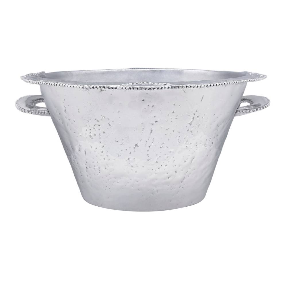 A hammered silver metal bucket with a beaded decorative rim and loop handles on both sides, shown against a plain white background.