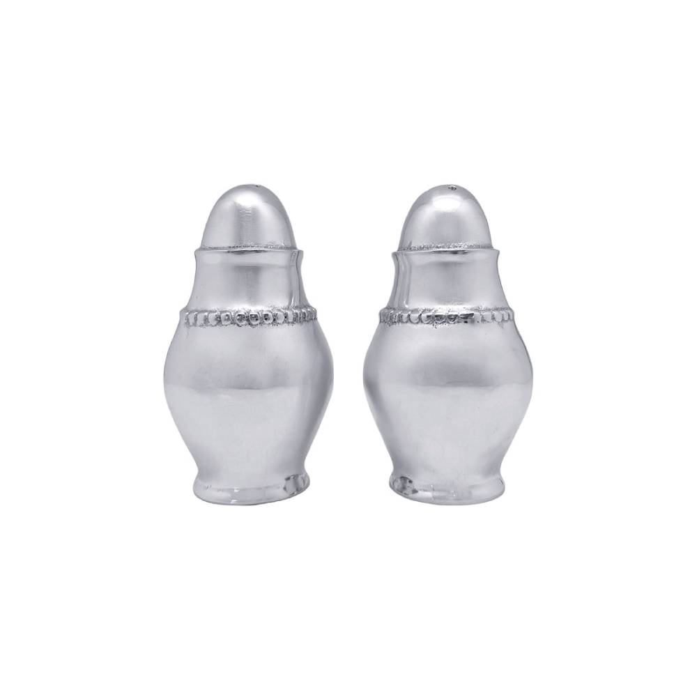 A pair of small metallic silver salt and pepper shakers with rounded bodies, domed lids, and a beaded band around the upper middle, shown on a plain white background.