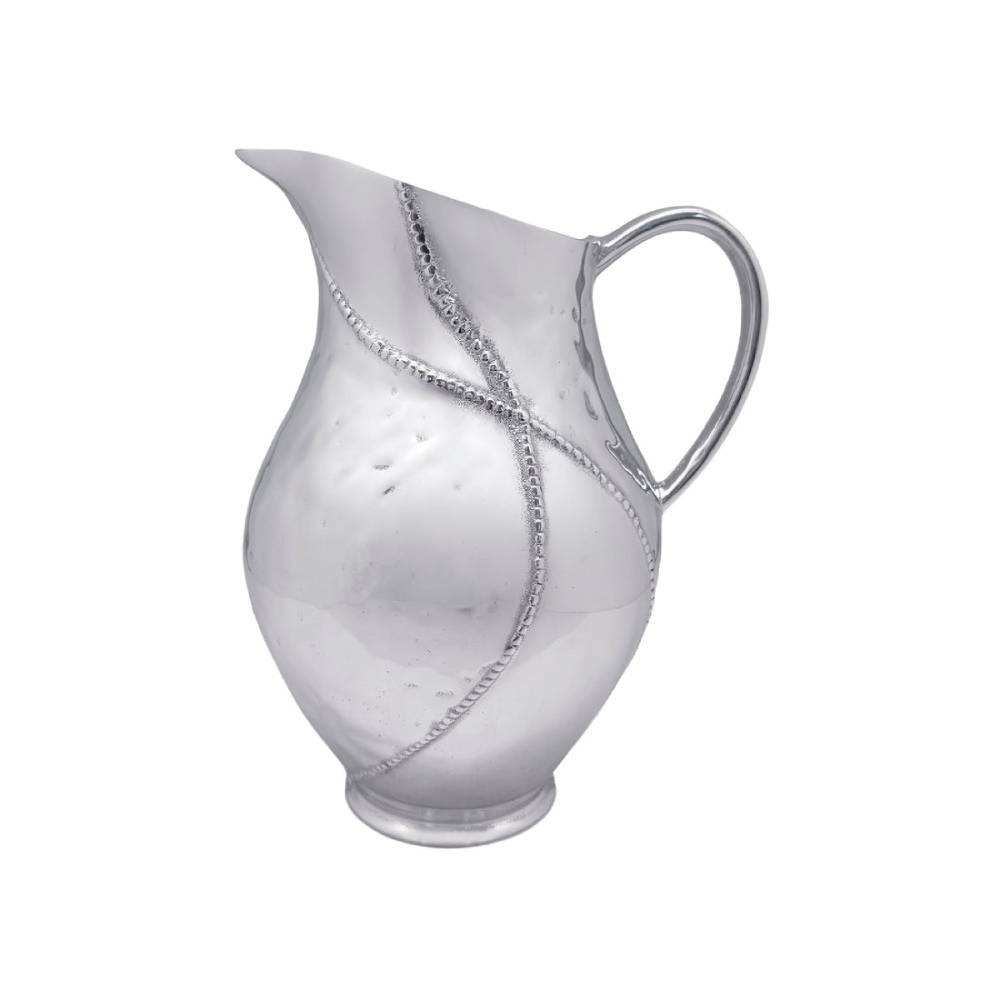 A polished silver pitcher with a curved handle, a spout, and decorative twisted wire accents running diagonally across the body, shown on a plain white background.