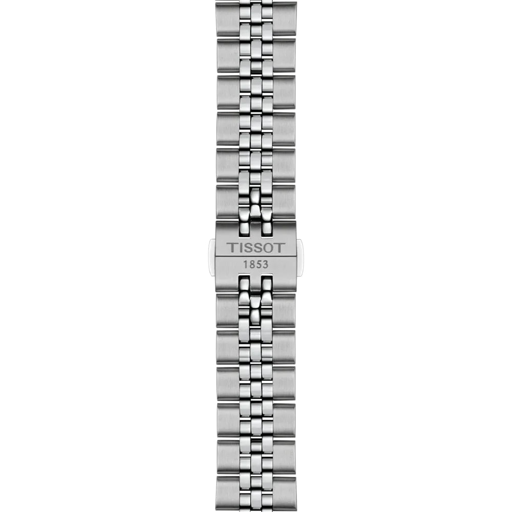 A stainless steel link watch band with a polished finish, featuring the TISSOT 1853 logo engraved on the central clasp, shown against a plain white background.