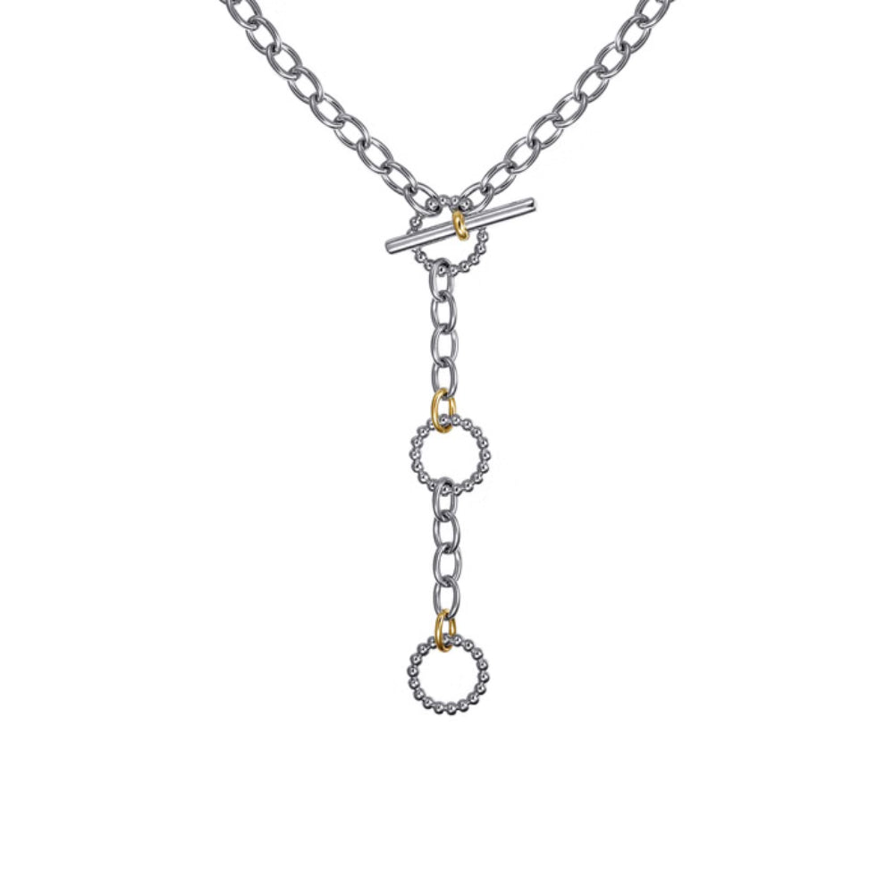 Silver chain necklace with a round pendant on a white background