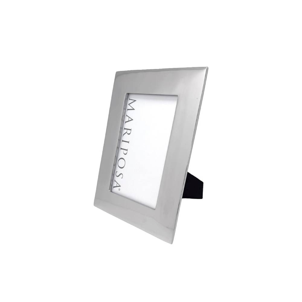 A modern square picture frame with a polished silver metallic finish and a black stand, featuring the brand name 'MARIPOSA' printed vertically on the inner frame, set against a plain white background.