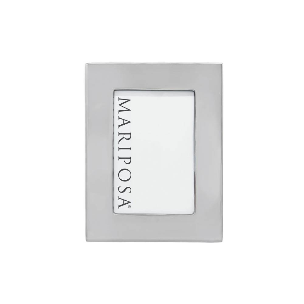 A square silver-toned metal picture frame with a clear window displaying a white insert card printed with the brand name 'MARIPOSA' vertically.