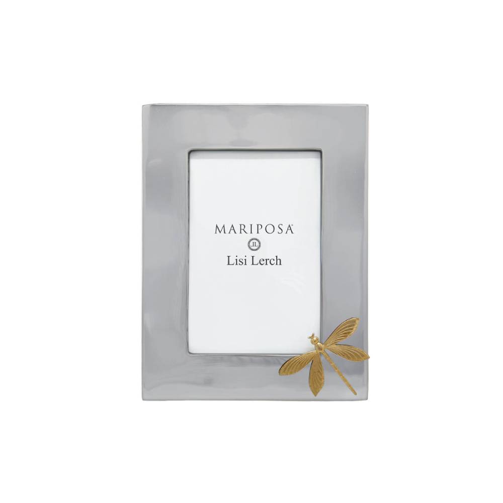 A rectangular silver picture frame with a small gold dragonfly accent in the lower right corner, shown on a plain white background. The insert card displays the brand name 'MARIPOSA' and designer 'Lisi Lerch'.