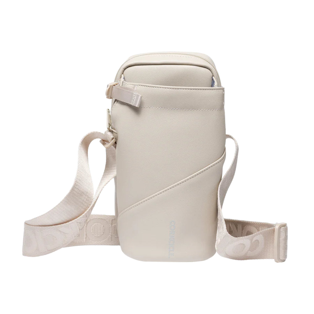 Beige waterbottle holder with strap on a white background.