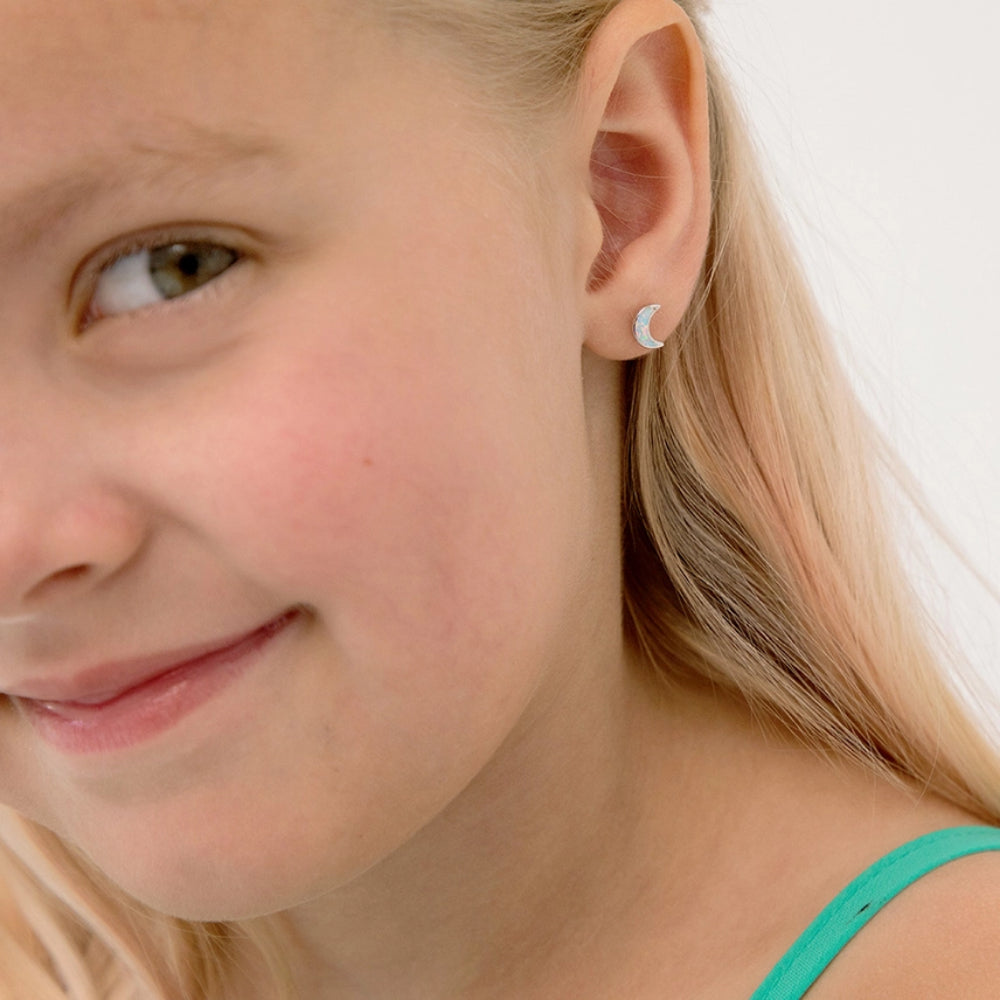 Children's Sterling Silver Opal Crescent Moon Earrings
