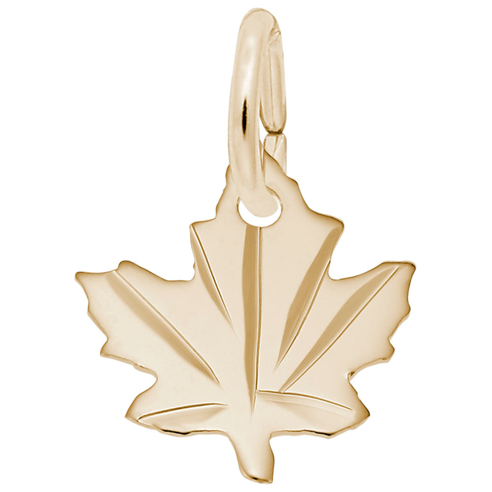 Gold maple leaf charm with a plain finish on a white background