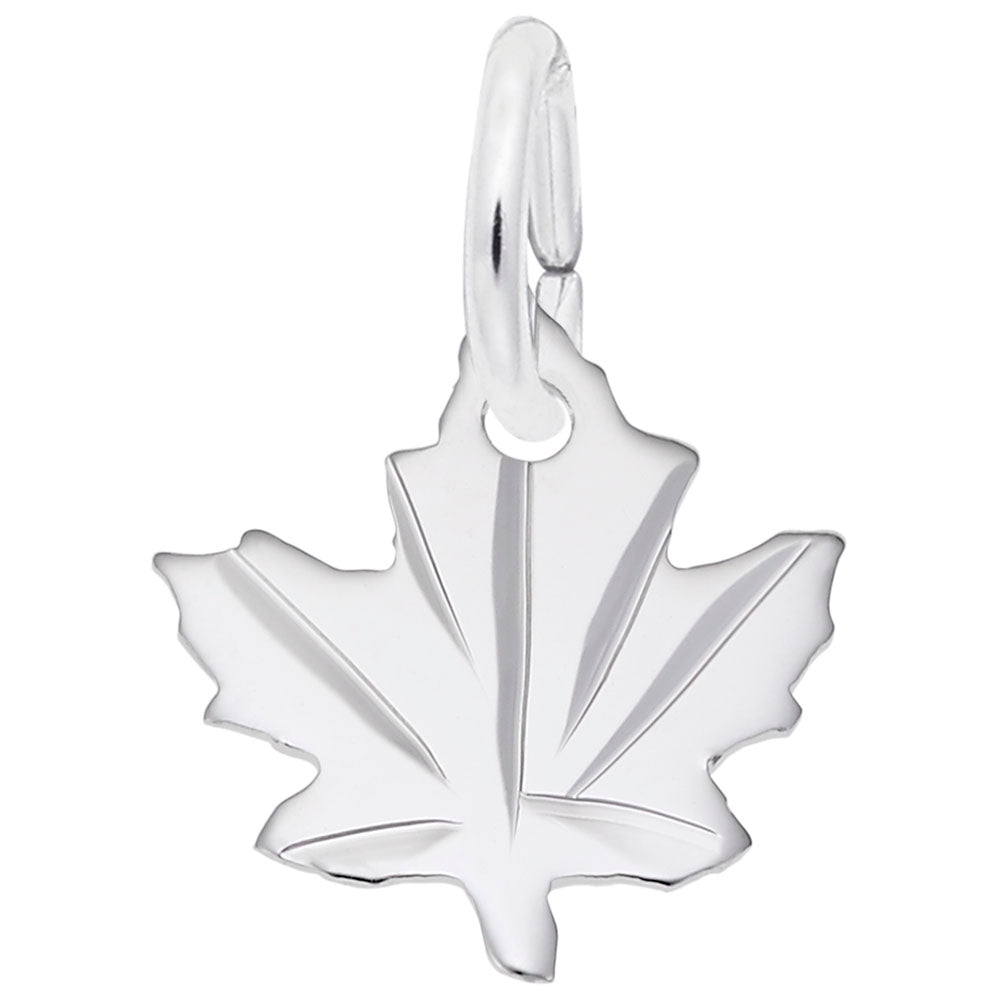 Silver maple leaf charm with a plain finish on a white background