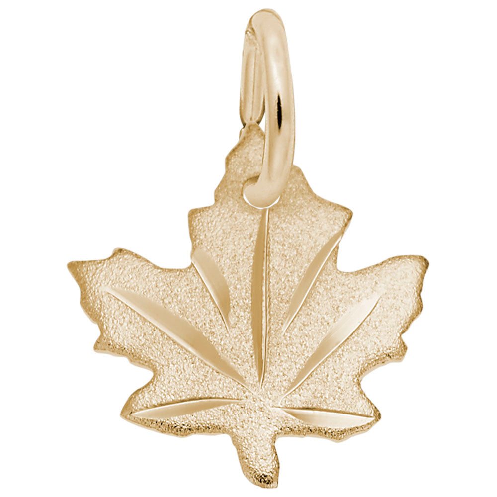 Gold maple leaf charm with a statin finish on a white background