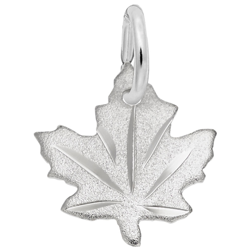 Silver maple leaf charm with a statin finish on a white background