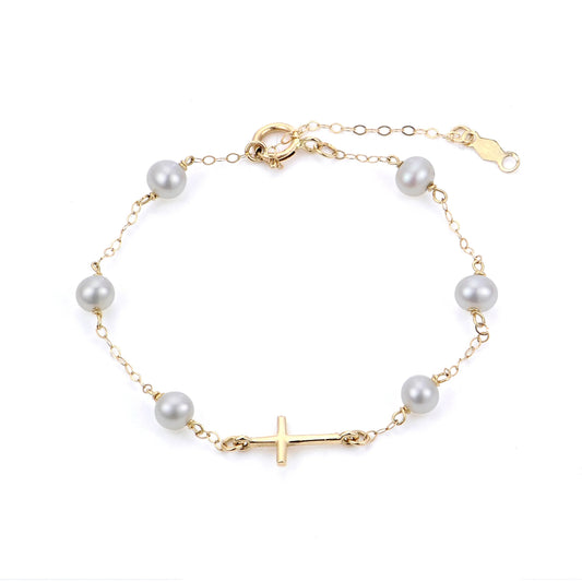 Children's 14k Gold Freshwater Pearl Sideways Cross Bracelet