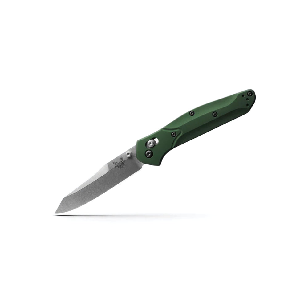 A folding pocket knife with a matte green handle and a satin-finished steel blade, shown open against a clean white background.
