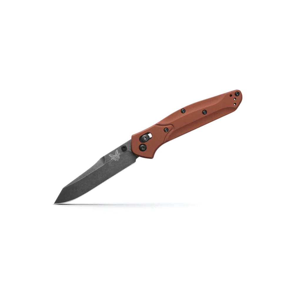 A folding pocket knife with a warm reddish-brown handle, shown open against a clean white background.