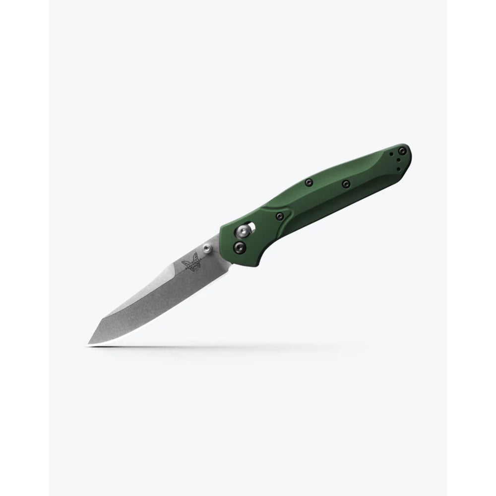 A folding pocket knife with a matte green handle and a satin-finished steel blade, shown open against a clean white background.