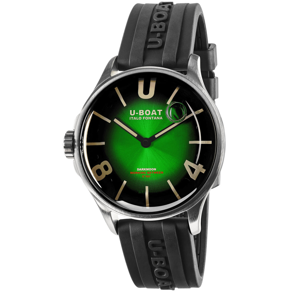 U-Boat Sailor Moon watch with a black rubber strap, silver-tone case, and a vibrant green dial with gold-tone indices.