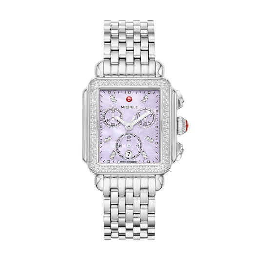 Michele Deco Stainless Steel Diamond Watch, Lavender Dial
