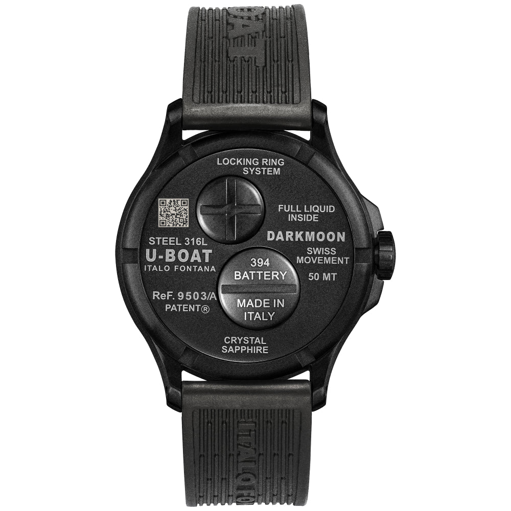 Black U-Boat Darkmoon smartwatch with a textured black strap, shown from the back on a white background.