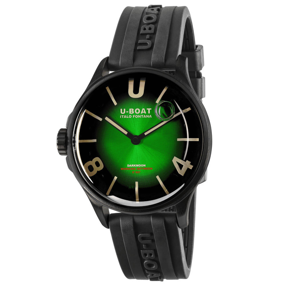 U-Boat Italo Fontana Darkmoon wristwatch featuring a black resin case and strap with a vibrant green dial and gold-tone indices.